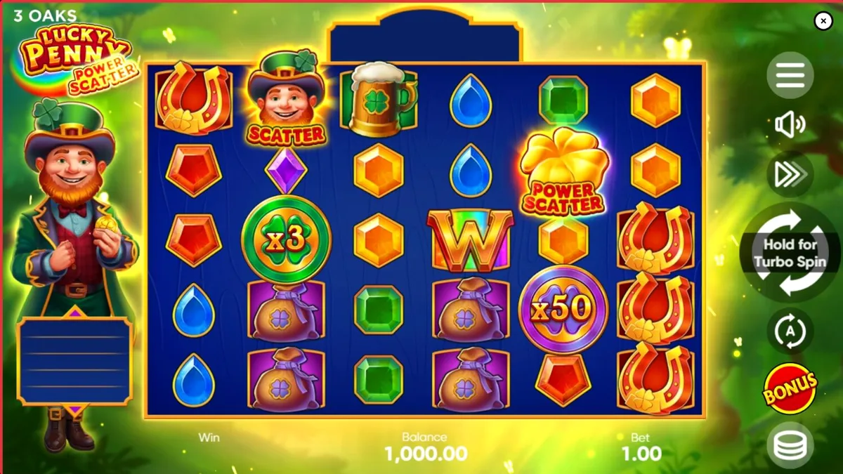 Tampilan visual slot Lucky Penny Power Scatter dengan tema hutan Irlandia dan leprechaun.